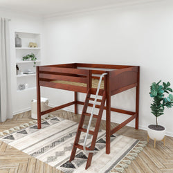 Wooden loft bed with ladder in a modern bedroom setting.