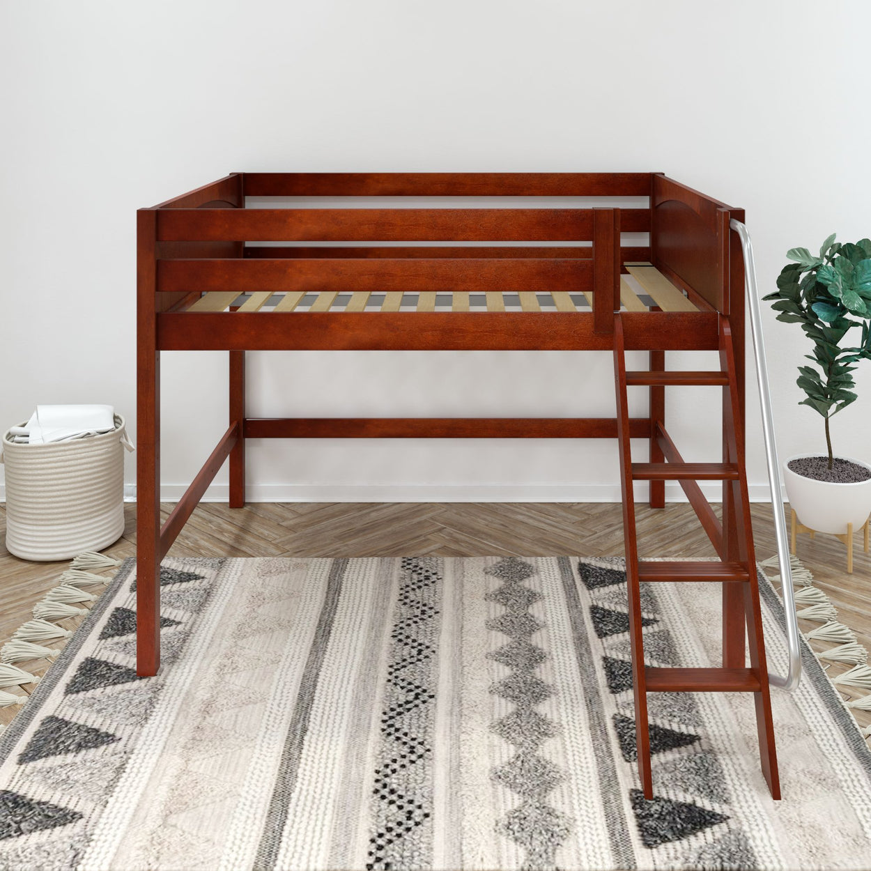 Wooden loft bed with ladder in modern bedroom interior.