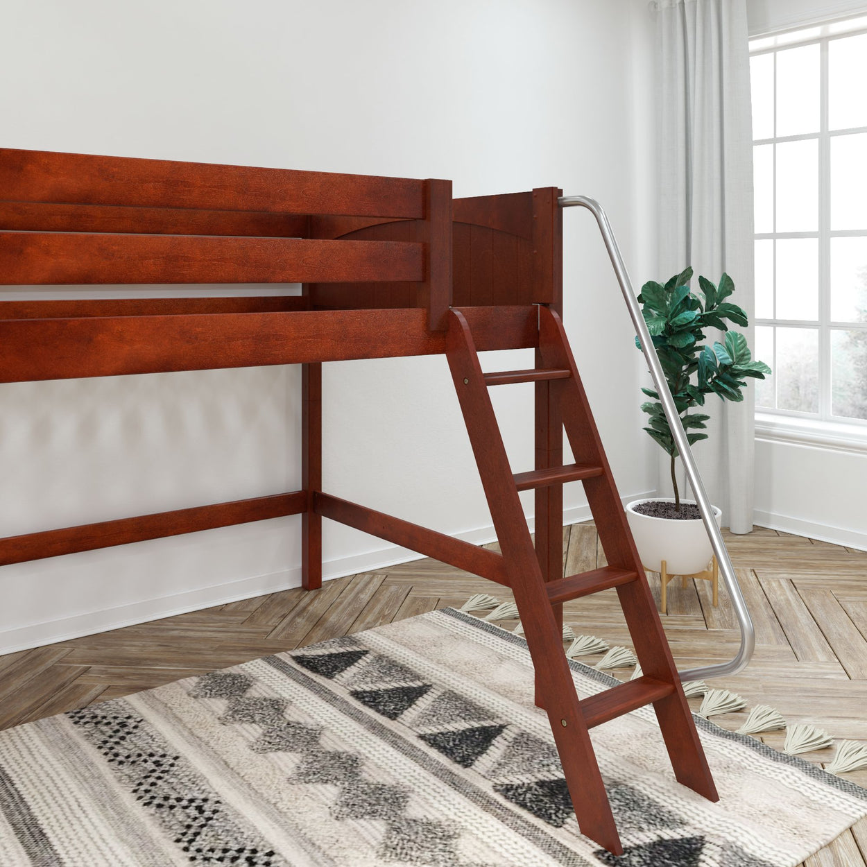 Loft bed with wooden ladder and cozy room decor featuring a patterned rug and potted plant.
