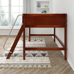Wooden loft bed with slide in a bright room featuring a geometric-patterned rug.