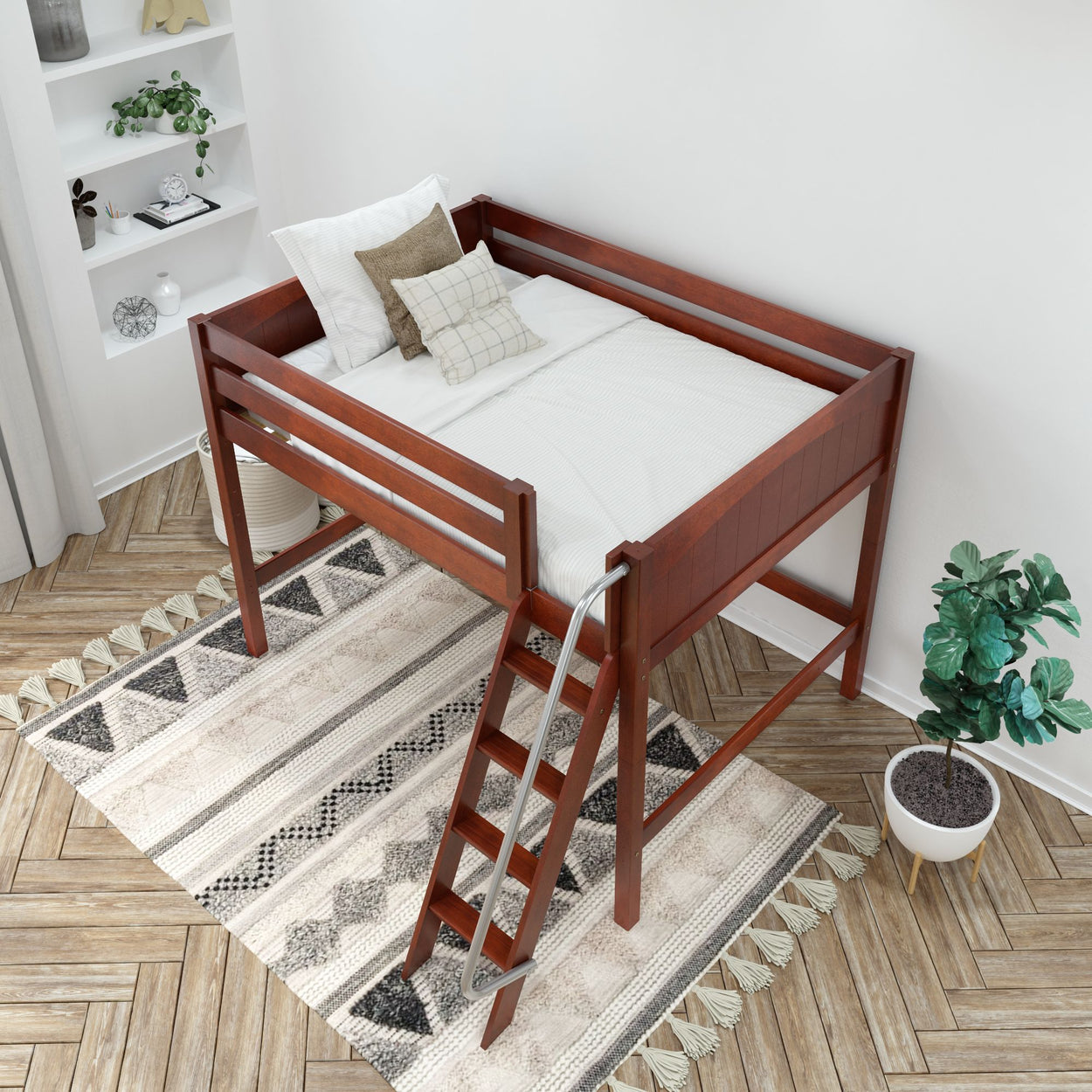 Loft bed with wooden frame and ladder in a modern bedroom setting.