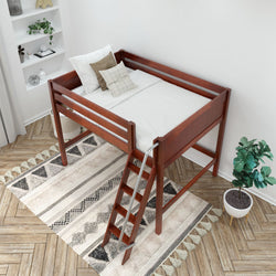 Loft bed with wooden frame and ladder in a modern bedroom setting.