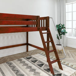 Loft bed with wooden ladder and slide in modern bedroom.