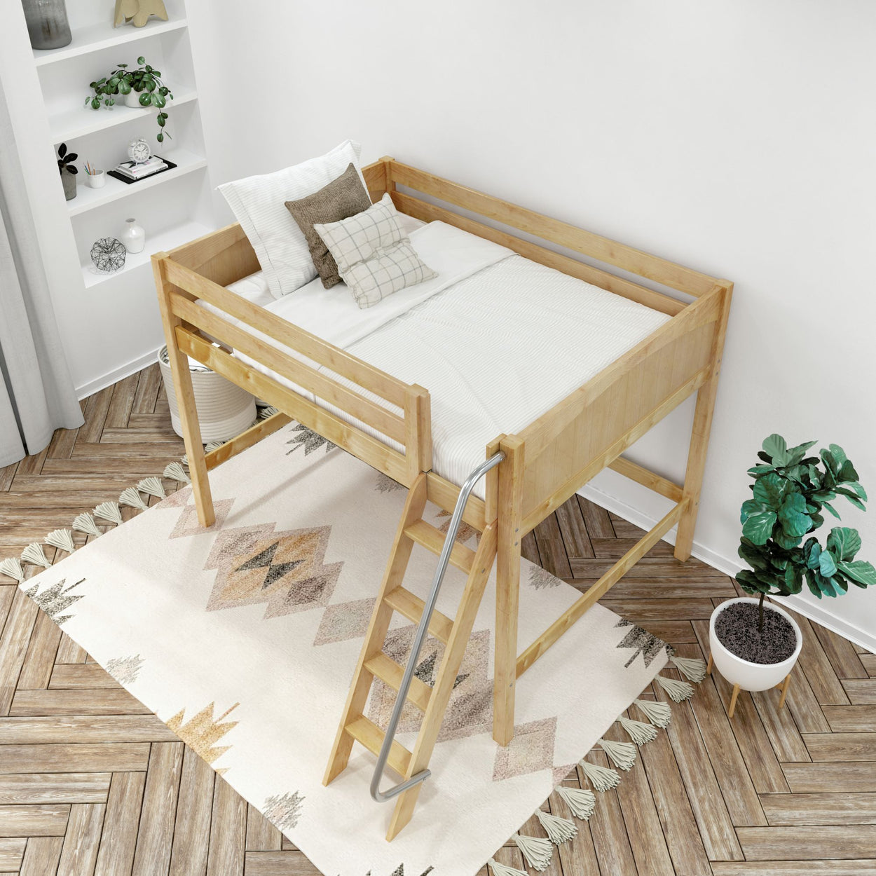 Loft bed with wooden frame and ladder in modern bedroom interior with geometric rug.