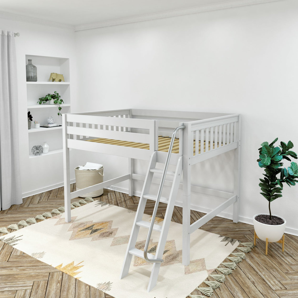 White wooden loft bed with ladder in modern kids' room featuring geometric rug and potted plant.