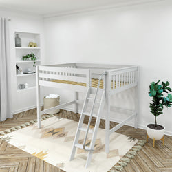 White wooden loft bed with ladder in modern kids' room featuring geometric rug and potted plant.