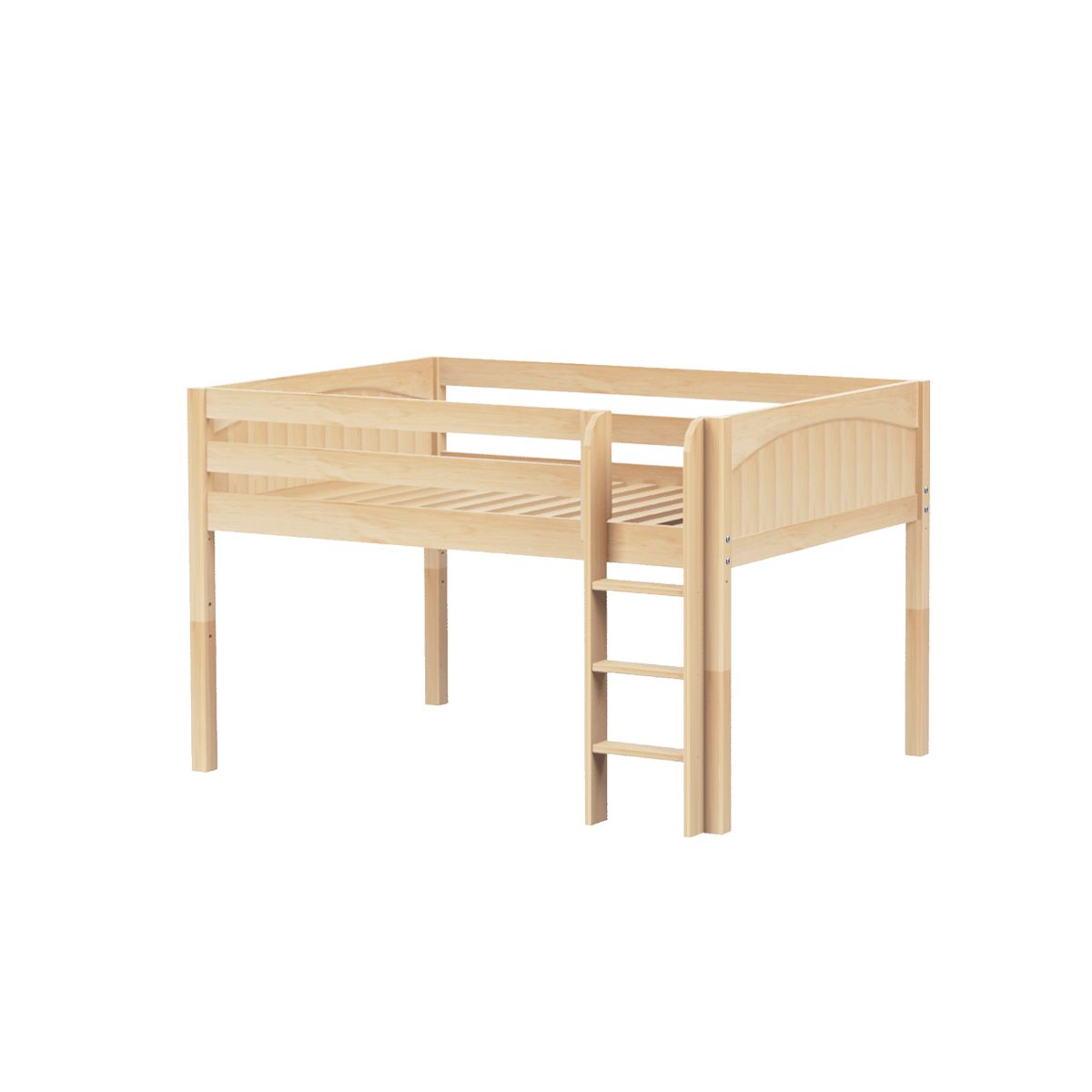 Wooden loft bed with ladder in natural finish, ideal for saving space in small bedrooms.