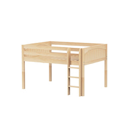 Wooden loft bed with ladder in natural finish, ideal for saving space in small bedrooms.