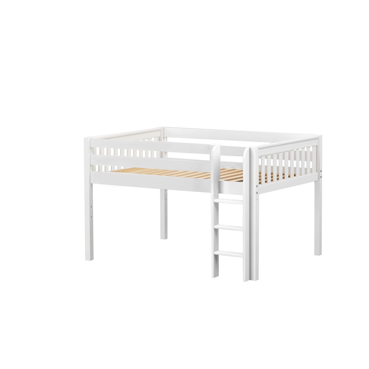 White children's loft bed with ladder and side rails, ideal for small bedrooms.