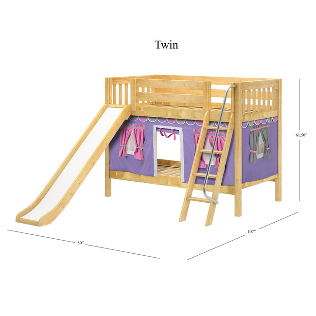 LAUGH56 NS : Play Bunk Beds Twin Low Bunk Bed with Angled Ladder, Curtain + Slide, Slat, Natural