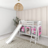 LAUGH57 WS : Play Bunk Beds Twin Low Bunk Bed with Angled Ladder, Curtain + Slide, Slat, White