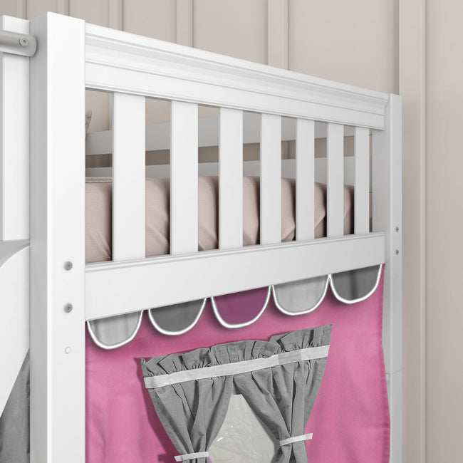 LAUGH57 WS : Play Bunk Beds Twin Low Bunk Bed with Angled Ladder, Curtain + Slide, Slat, White