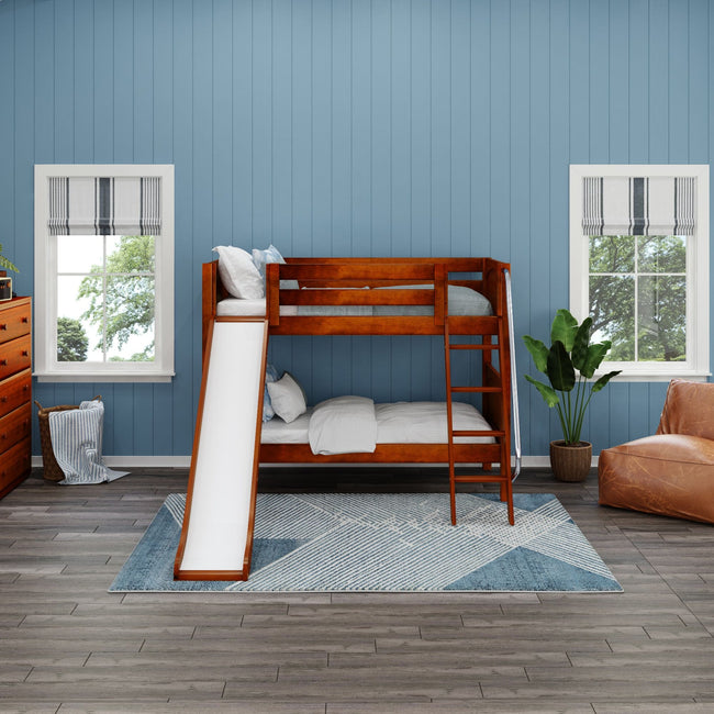 LAUGH CP : Play Bunk Beds Twin Low Bunk Bed with Slide and Angled Ladder on Front, Panel, Chestnut