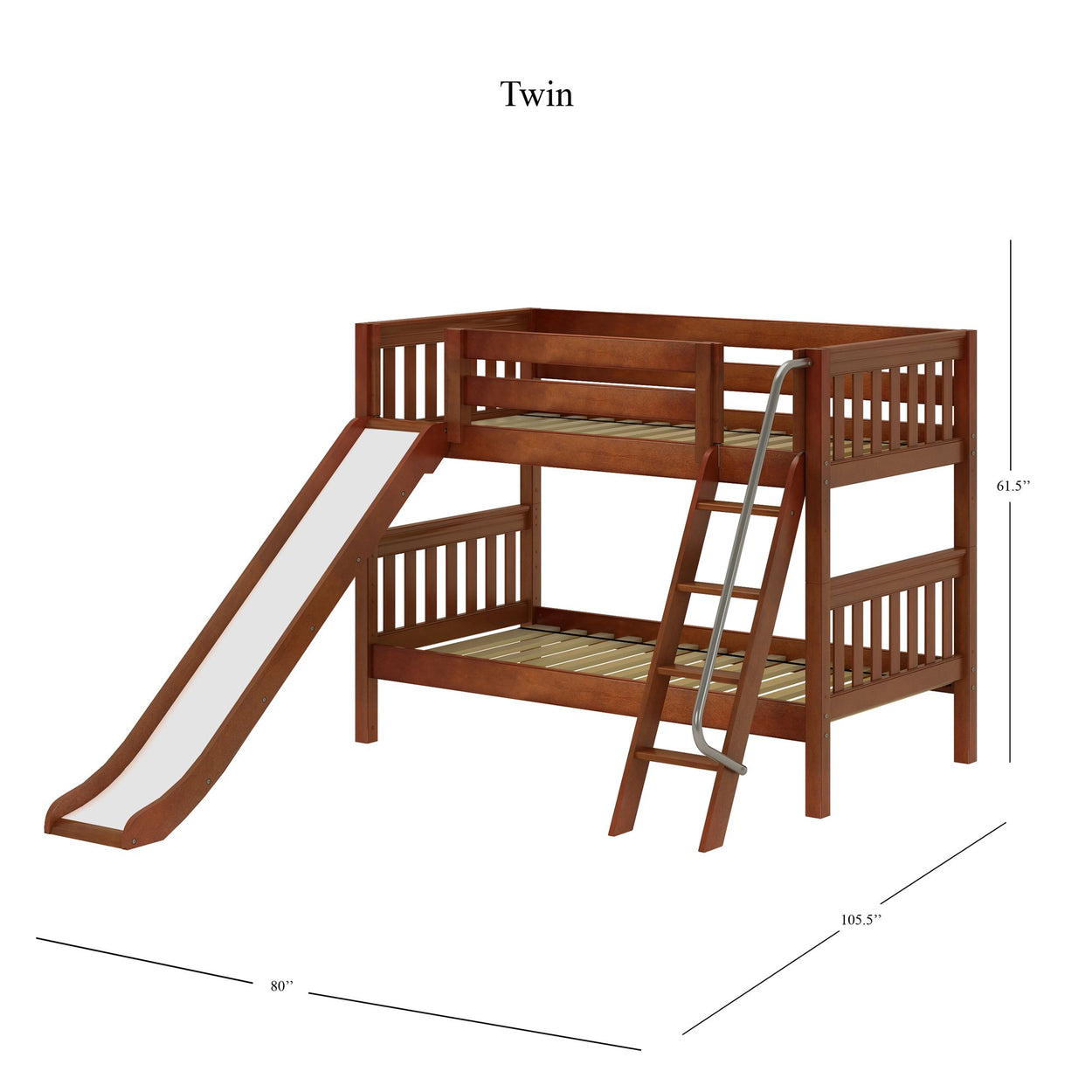 Twin bunk bed with slide, ladder, and wooden frame, measuring 80 inches by 105.5 inches by 61.5 inches, perfect for kids' bedroom furniture.