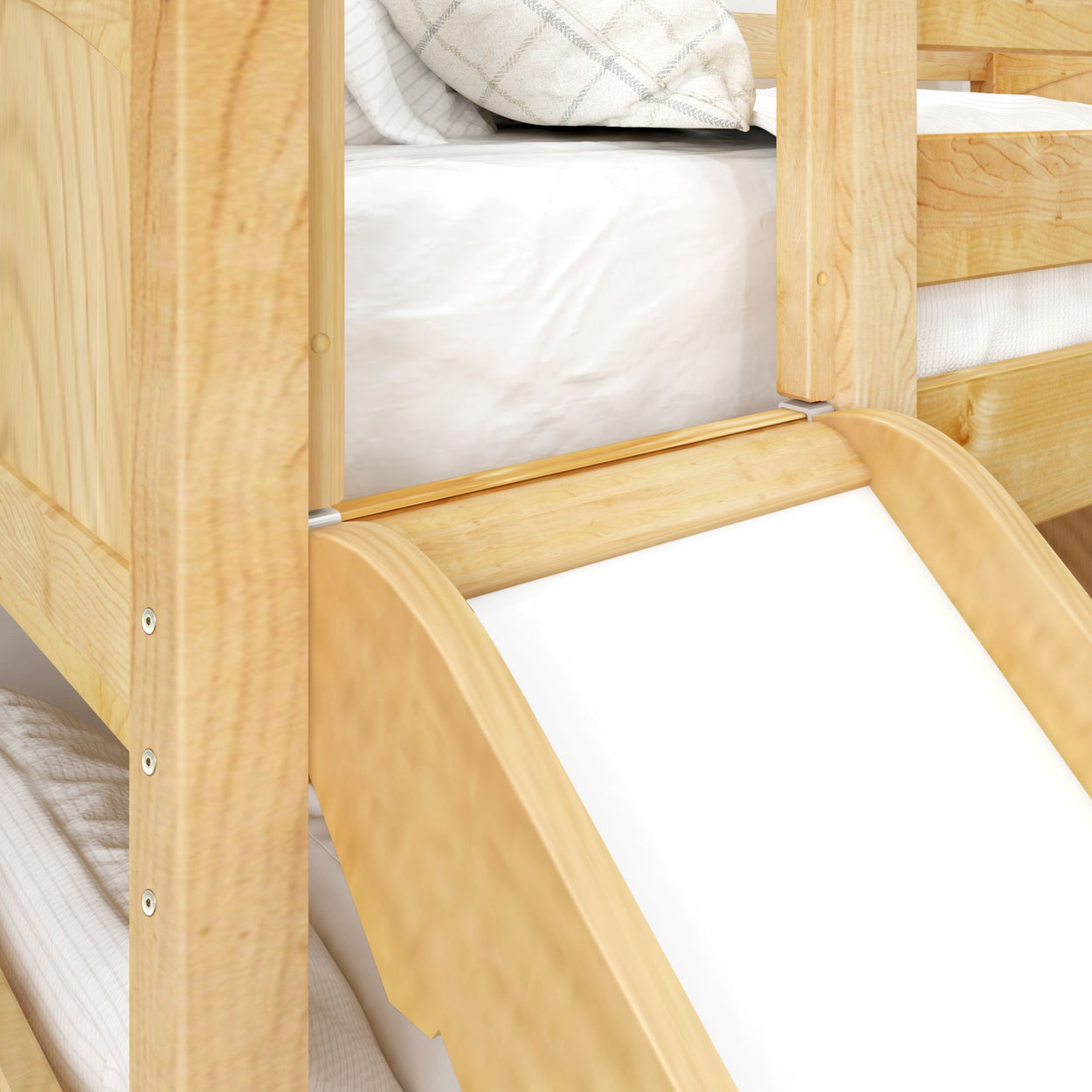 Wooden bunk bed with slide and white bedding.