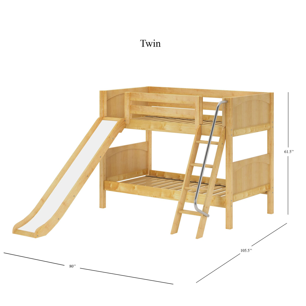 Wooden twin bunk bed with slide and ladder design, dimensions 80" x 105.5" x 61.5", ideal for kids' bedrooms.