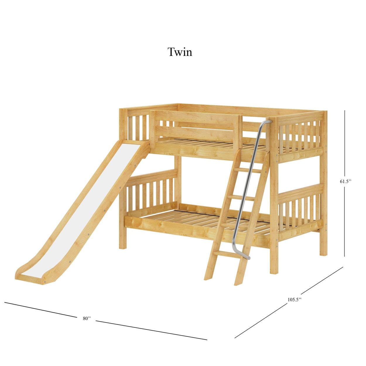Twin wooden bunk bed with slide and ladder, kids' bedroom furniture set.