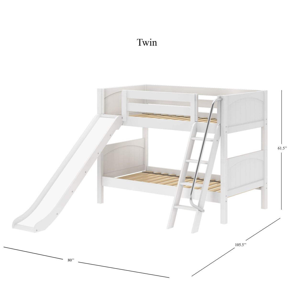 White twin bunk bed with slide and ladder, dimensions 80" x 105.5" x 61.5", perfect for kids' room.