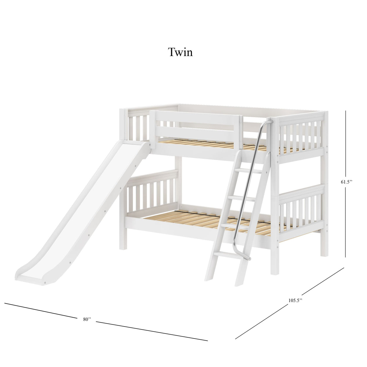 Twin white wooden bunk bed with slide and ladder, dimensions 80x105.5x61.5 inches, perfect for kids' bedroom furniture.