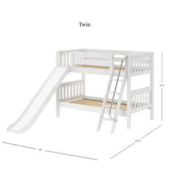 Twin white wooden bunk bed with slide and ladder, dimensions 80x105.5x61.5 inches, perfect for kids' bedroom furniture.