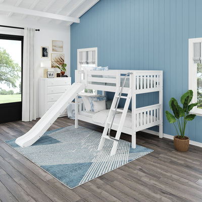 LAUGH XL WS : Play Bunk Beds Twin XL Low Bunk Bed with Slide and Angled Ladder on Front, Slat, White