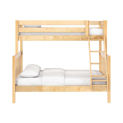 Light wood bunk bed with ladder and white bedding, modern minimalist children's bedroom furniture