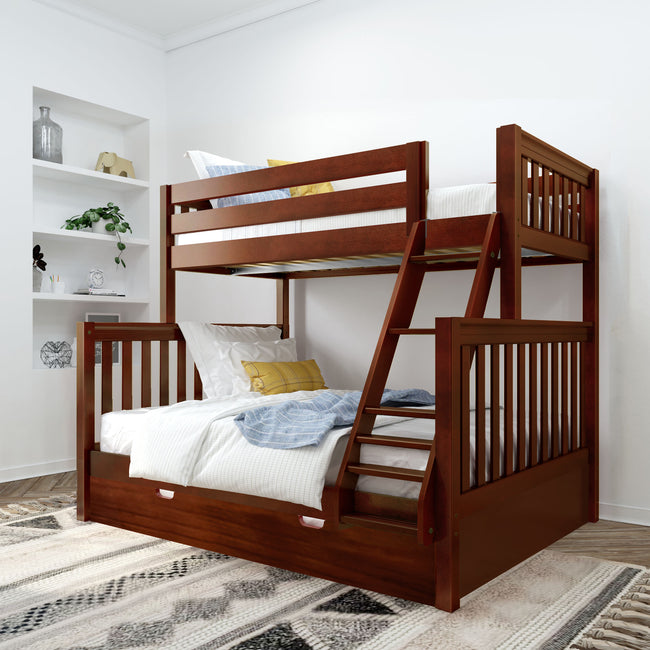 LAVISH XL TR CS : Staggered Bunk Beds Twin XL over Queen High Bunk Bed with Angled Ladder and Trundle Bed, Slat, Chestnut
