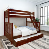 LAVISH XL TR CS : Staggered Bunk Beds Twin XL over Queen High Bunk Bed with Angled Ladder and Trundle Bed, Slat, Chestnut