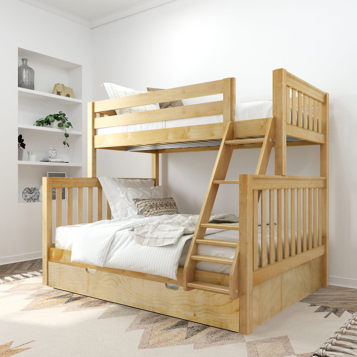Natural wood twin-over-full bunk bed with ladder and pull-out trundle drawer in a bright modern kids' bedroom with white bedding and neutral rug
