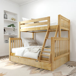 Natural wood twin-over-full bunk bed with ladder and pull-out trundle drawer in a bright modern kids' bedroom with white bedding and neutral rug
