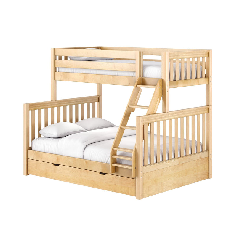 Solid maple twin-over-full bunk bed with slatted headboards, angled ladder and under-bed storage drawer, natural finish with white bedding