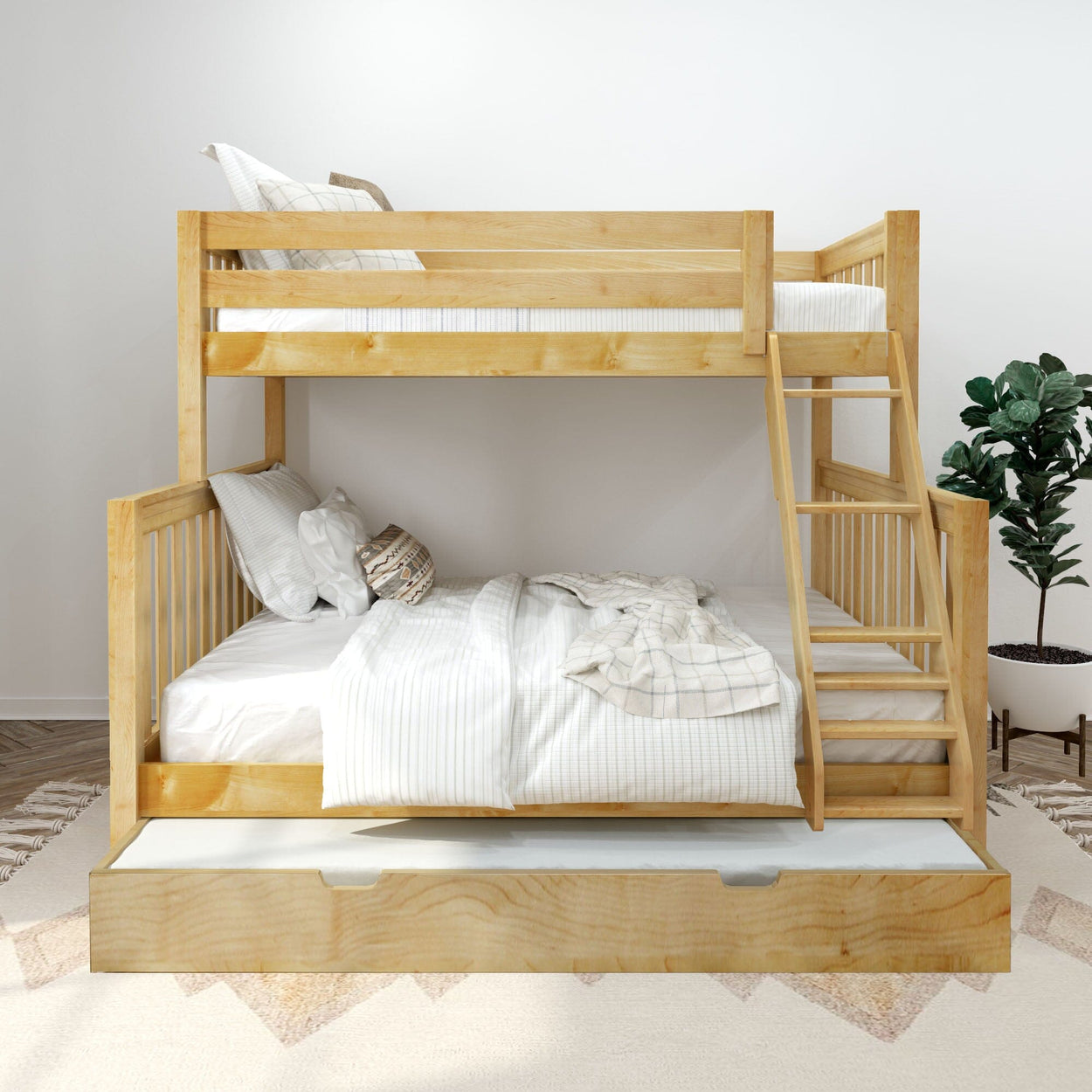Natural wooden bunk bed with ladder and pull-out trundle drawer, white striped bedding and decorative pillows in a bright modern kids' bedroom with potted plant