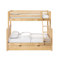 Solid maple twin-over-full bunk bed with ladder, under-bed trundle drawer and white bedding