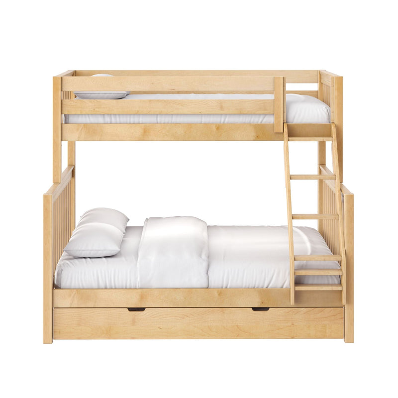 Solid maple twin-over-full bunk bed with ladder, under-bed trundle drawer and white bedding