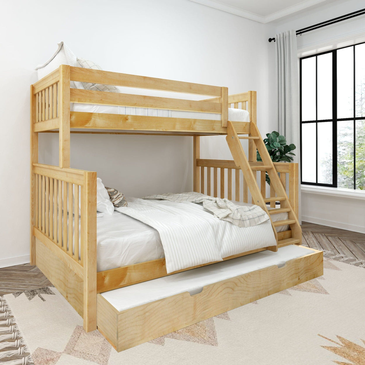 Natural light wood bunk bed with ladder and pull-out trundle drawer, white linens and neutral rug in a bright modern bedroom with large window and houseplant