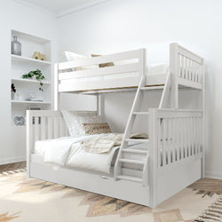 White wooden twin-over-full bunk bed with ladder and under-bed storage drawer in a bright minimalist kids' bedroom with neutral bedding