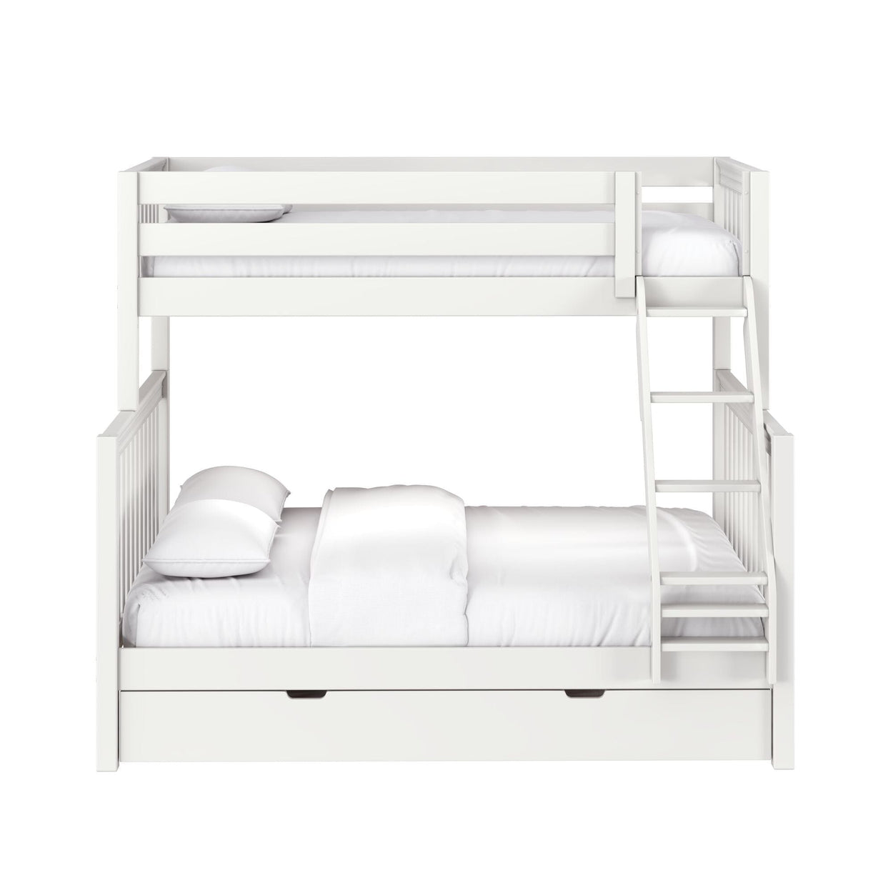 White wooden twin-over-full bunk bed with ladder, built-in under-bed storage drawers and white bedding for modern kids' bedroom furniture