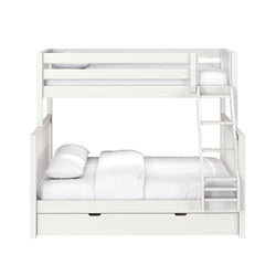 White wooden twin-over-full bunk bed with ladder, built-in under-bed storage drawers and white bedding for modern kids' bedroom furniture