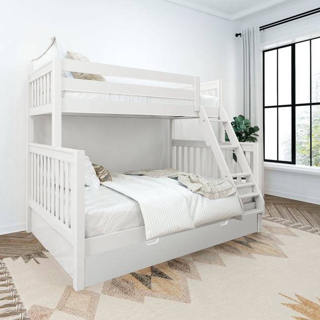 LAVISH XL TR WS : Staggered Bunk Beds Twin XL over Queen High Bunk Bed with Angled Ladder and Trundle Bed, Slat, White