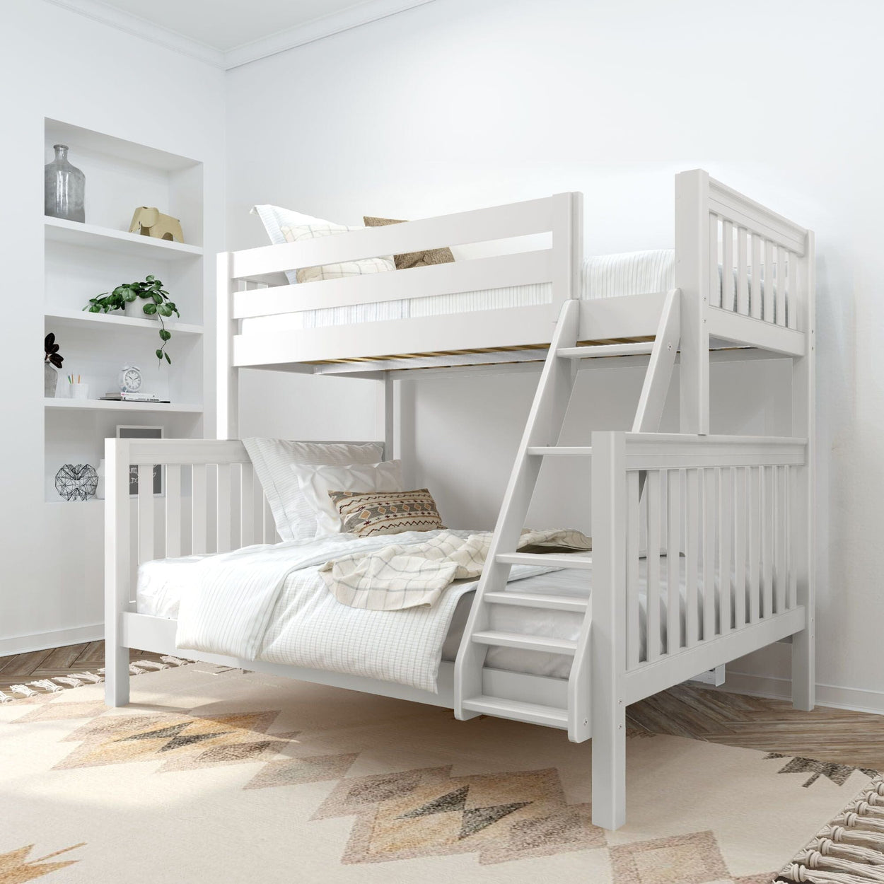 White wooden bunk bed loft with ladder in a bright modern kids' bedroom, neutral bedding, built-in wall shelves and boho rug — space-saving children's bed design
