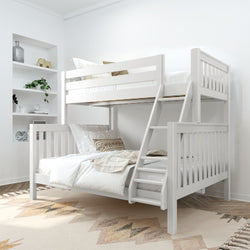 White wooden bunk bed loft with ladder in a bright modern kids' bedroom, neutral bedding, built-in wall shelves and boho rug — space-saving children's bed design
