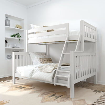 White wooden bunk bed loft with ladder in a bright modern kids' bedroom, neutral bedding, built-in wall shelves and boho rug — space-saving children's bed design