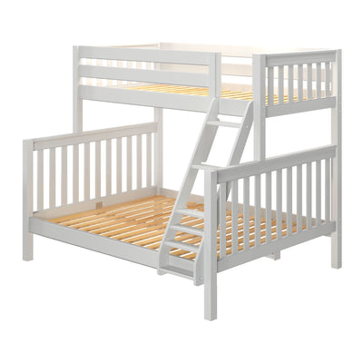 White solid wood twin-over-full bunk bed with integrated ladder and slatted mattress platforms, space-saving modern farmhouse style for kids' bedroom