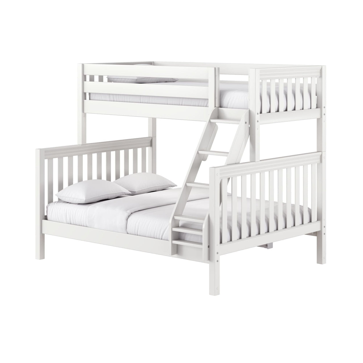 White wooden loft bunk bed with ladder and guardrails, modern space-saving kids' bedroom furniture with mattress and pillows