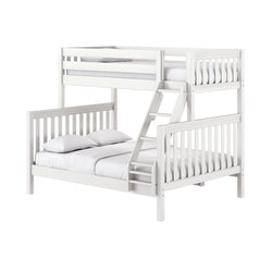 White wooden loft bunk bed with ladder and guardrails, modern space-saving kids' bedroom furniture with mattress and pillows
