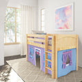 Bright kids bedroom with wooden loft bed and purple playhouse curtains, pastel cloud wall art, large window, sheer curtains and textured rug