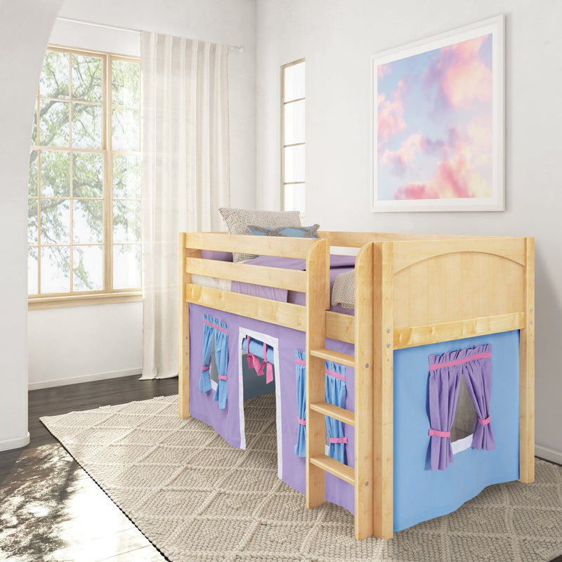Bright kids bedroom with wooden loft bed and purple playhouse curtains, pastel cloud wall art, large window, sheer curtains and textured rug