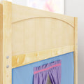 Maple wood bunk bed headboard with arched slat design, blue fabric pocket and purple curtain — children's bedroom furniture
