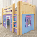 Natural maple kids loft bunk bed with ladder, purple and blue playhouse curtain panels and pockets over a textured woven rug in a children's bedroom