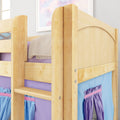 Light wood bunk bed with built-in ladder and guardrail, natural finish, purple knit blanket and pastel fabric storage pockets in children's bedroom